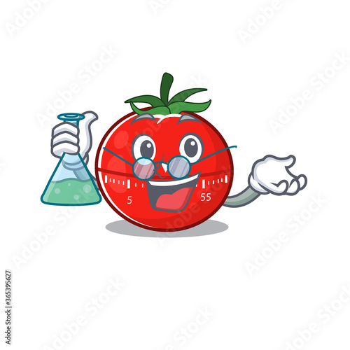 Super Genius Professor of tomato kitchen timer Caricature character working on a lab