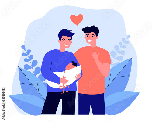 Male gay couple adopting baby. Two happy young men holding new born child flat vector illustration. LGBT family, parenthood, child care concept for banner, website design or landing web page