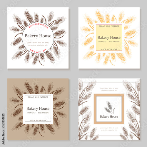 Bakery, pastry shop label, logo, flyer template or identity with wheat ears frame. bakeshop backgrounds set. hand drawn sketch illustration. banner collection for bakehouse, bread packaging design.