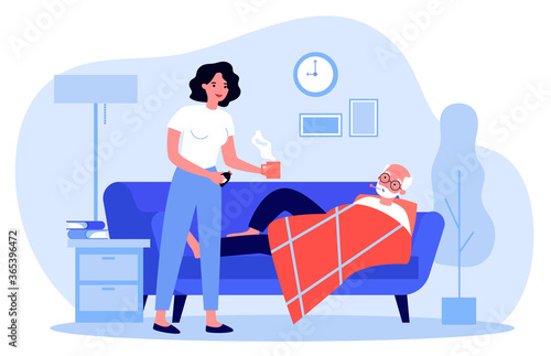 Woman taking care about senior man with flu. Adult daughter giving hot drink to old father flat vector illustration. Family, flu, illness concept for banner, website design or landing web page