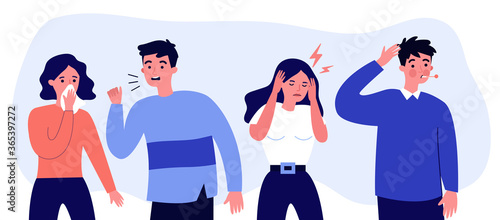 Young people suffering from flu symptoms flat illustration. Cartoon infographic person sneezing and coughing. Sad woman with headache. Healthcare and sickness concept.