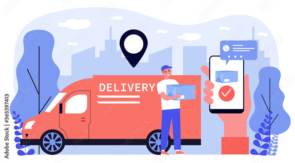Happy courier delivering package to customer flat illustration. Client making order via smartphone app and tracking online. Service, GPS technology and delivery concept. Happy courier delivering package to customer flat illustration. Client making order via smartphone app and tracking online. Service, GPS technology and delivery concept.
