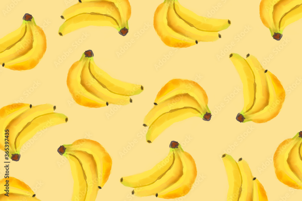 Set of bananas isolated on pastel background. Watercolor fruit.