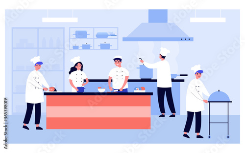 Professional cooking kitchen interior isolated flat vector illustration. Cartoon restaurant chefs and waiters preparing meal and desserts. Commercial food industry and gourmet concept