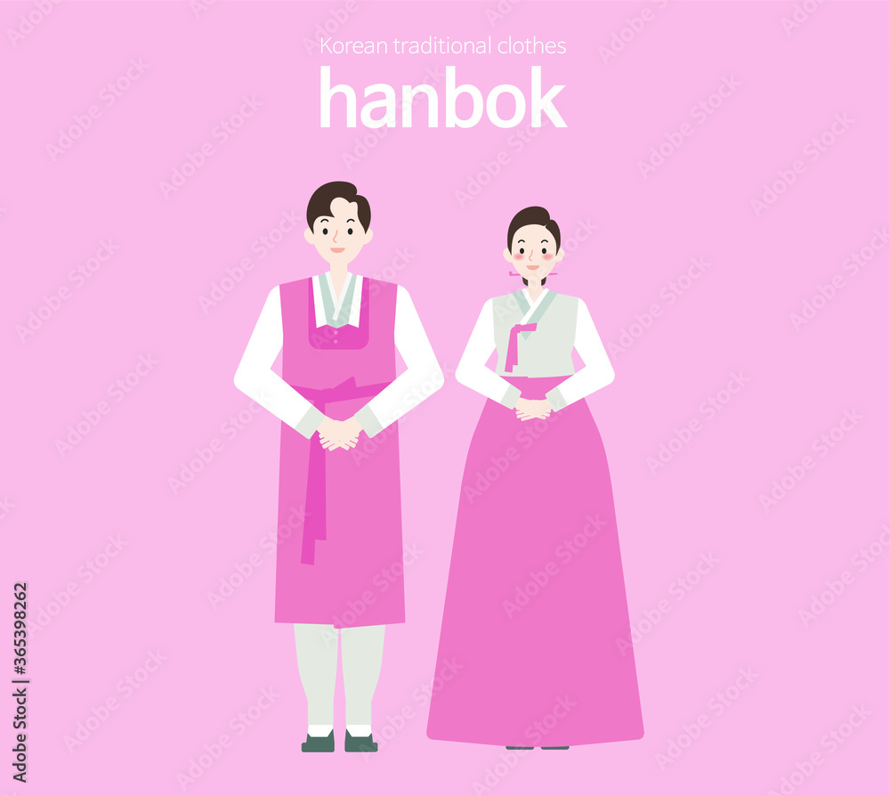 Male and female couples in traditional Korean costumes stand hand in hand. Resizable flat vector illustration Male and female couples in traditional Korean costumes stand hand in hand. Resizable flat vector illustration