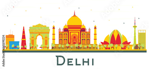 Delhi India City Skyline with Color Buildings Isolated on White.