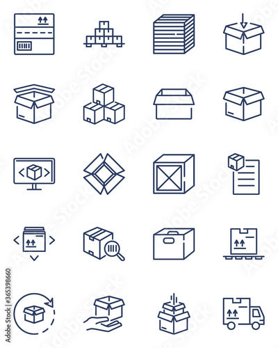 Packaging line icons set. Cardboard boxes, open parcels, containers with fragile or side up symbols. Vector illustrations for export, cargo, delivery, shipping concepts