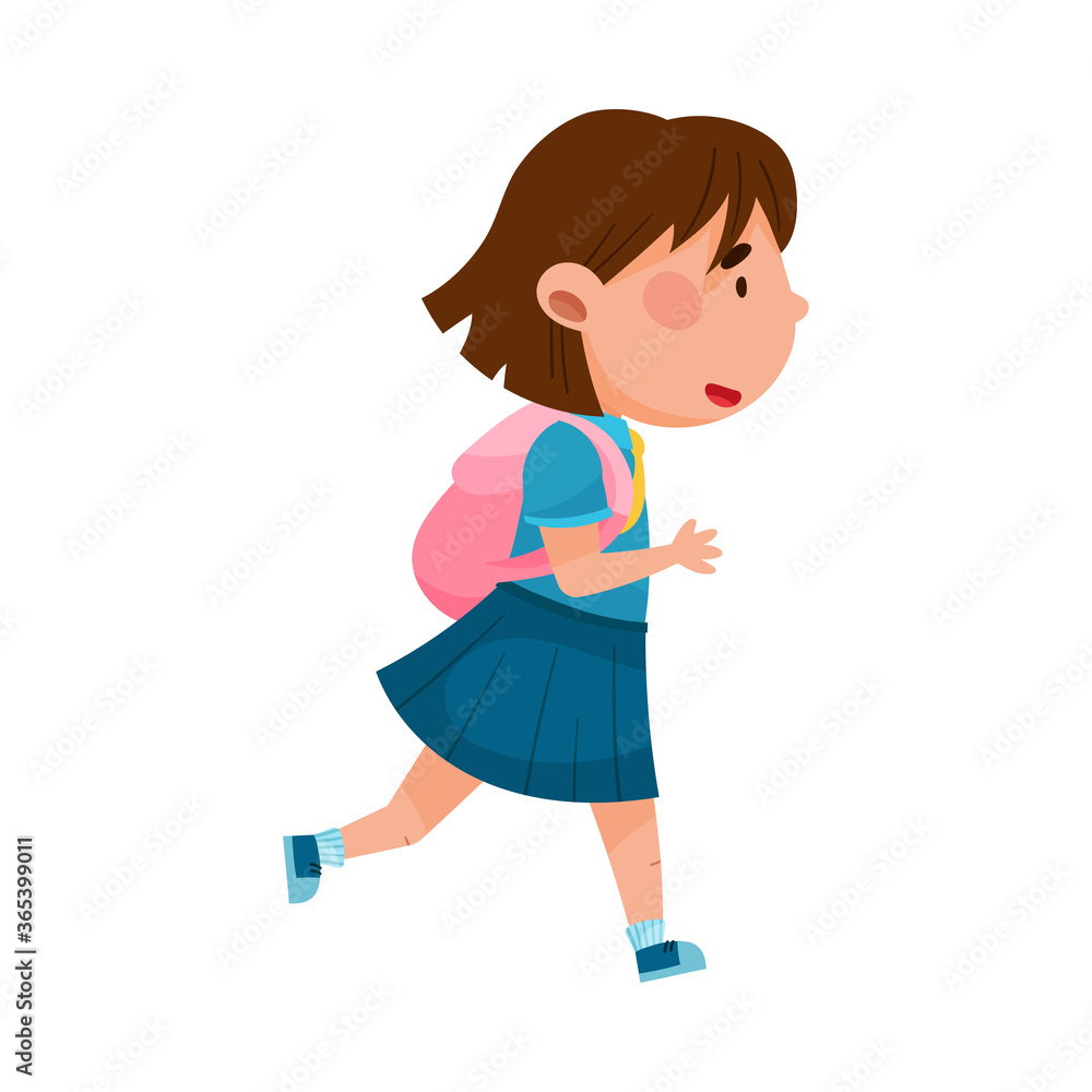 Cute Girl Character Wearing School Uniform and Backpack Running to School Vector Illustration Cute Girl Character Wearing School Uniform and Backpack Running to School Vector Illustration