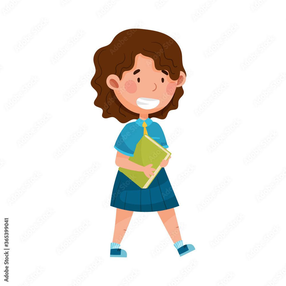 Girl Character in School Uniform Carrying Book and Walking to School Vector Illustration Girl Character in School Uniform Carrying Book and Walking to School Vector Illustration