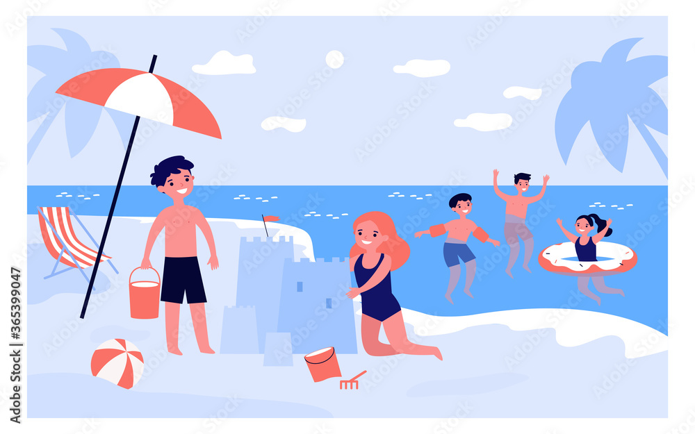 Happy children playing on beach isolated flat vector illustration. Cartoon kids swimming in sea water and building sand castle. Summer, vacation and childhood concept