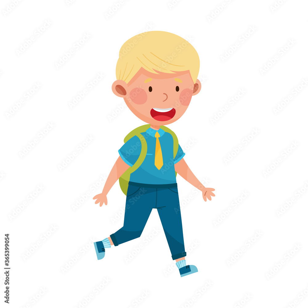 Cute Boy Character Wearing School Uniform and Backpack Walking to School Vector Illustration