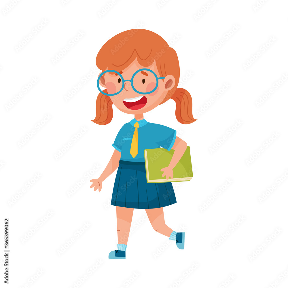 Girl Character in School Uniform Carrying Book and Walking to School Vector Illustration