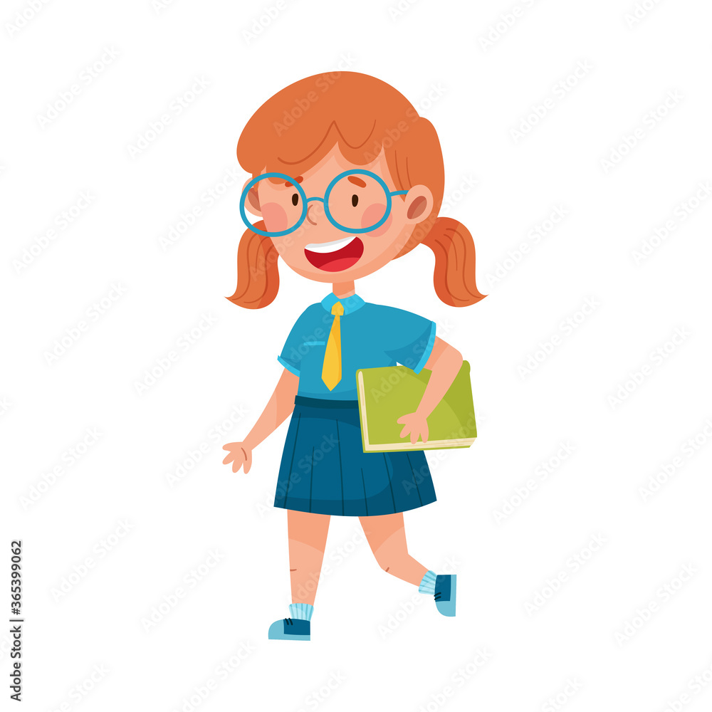 Girl Character in School Uniform Carrying Book and Walking to School Vector Illustration Girl Character in School Uniform Carrying Book and Walking to School Vector Illustration