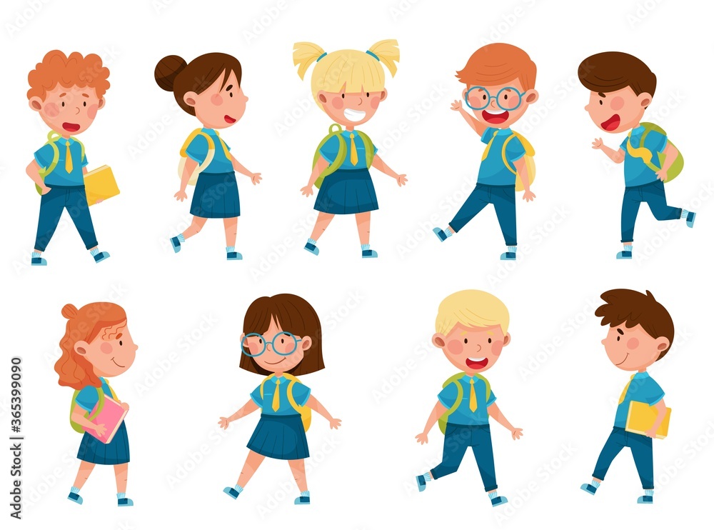 Boy and Girl Characters Wearing School Uniform and Backpack Walking and Running to School Vector Illustration Set