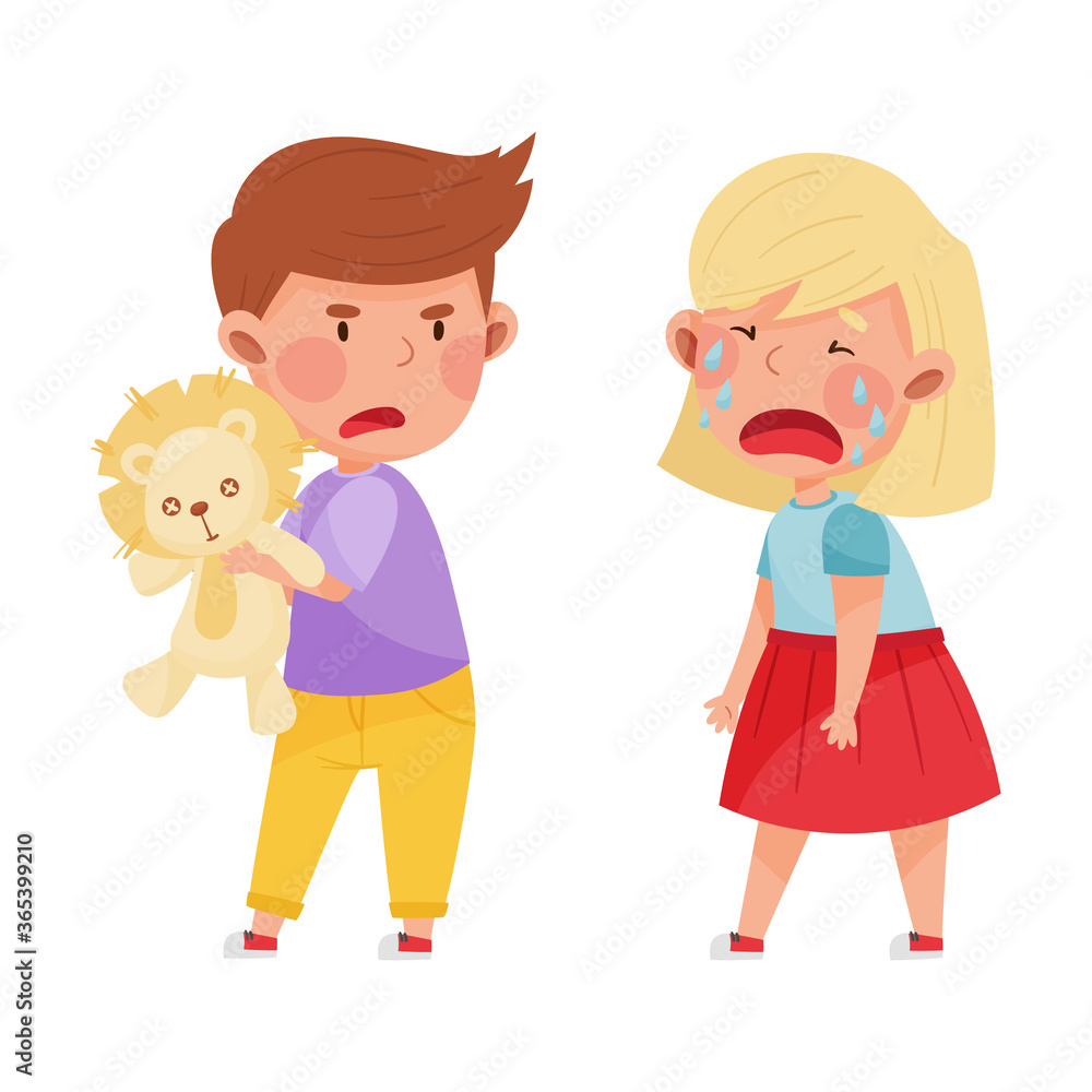 Hostile Kid with Angry Grimace Taking Away Toy Lion from His Crying Agemate Vector Illustration
