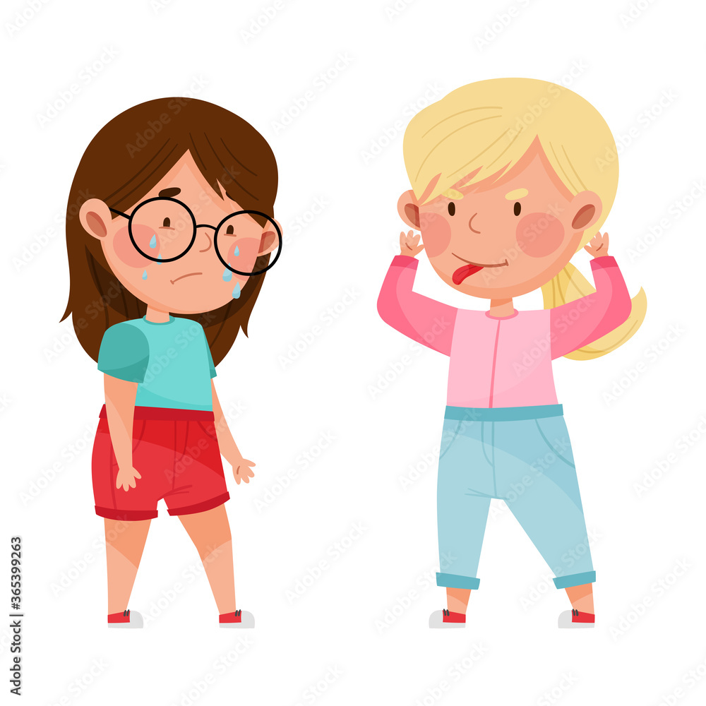 Unfriendly Girl Showing Tongue and Teasing Her Crying Agemate Vector Illustration