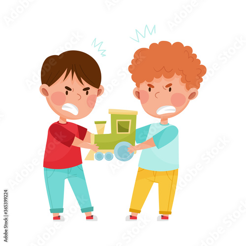 Hostile Kids with Angry Grimace Fighting Over Toy Train Vector Illustration
