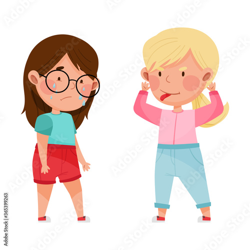 Unfriendly Girl Showing Tongue and Teasing Her Crying Agemate Vector Illustration