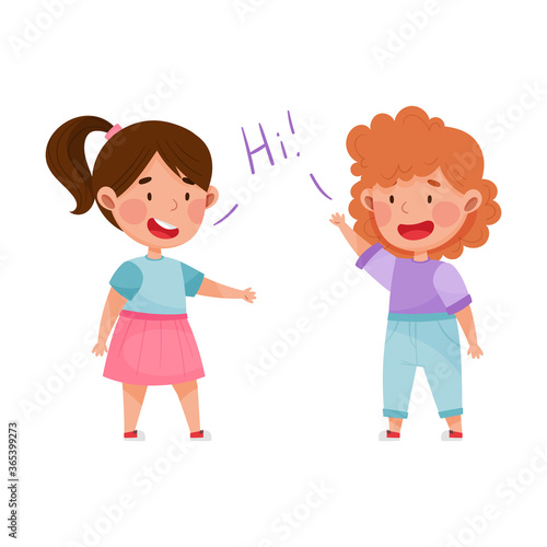 Friendly Kids Greeting Each Other Waving Hands and Laughing Vector Illustration