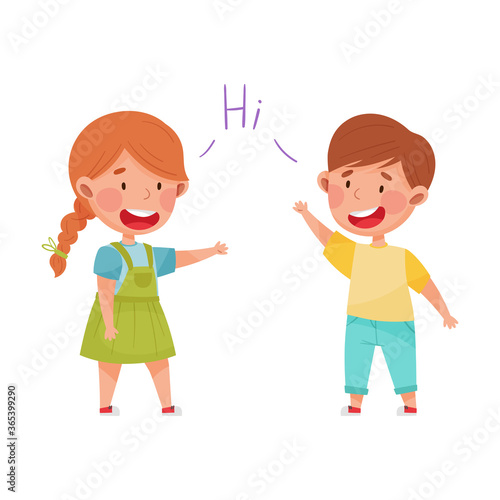 Friendly Kids Greeting Each Other Waving Hands and Laughing Vector Illustration