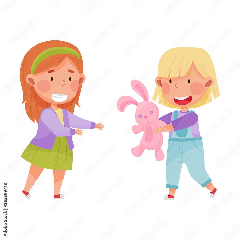 Friendly Kids Playing Together and Sharing Toy Hare Vector Illustration Friendly Kids Playing Together and Sharing Toy Hare Vector Illustration