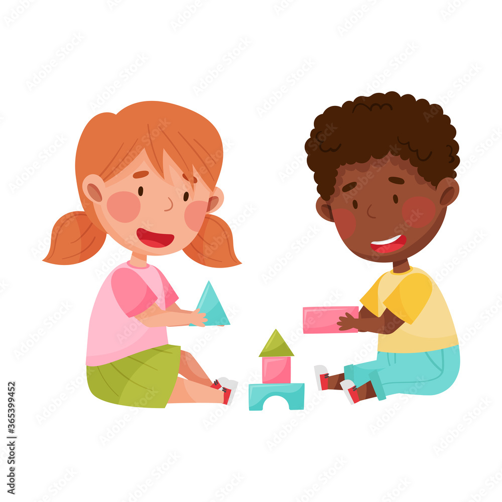 Friendly Kids Playing Together with Toy Blocks and Laughing Vector Illustration Friendly Kids Playing Together with Toy Blocks and Laughing Vector Illustration