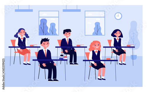 Pupils studying in classroom isolated flat vector illustration. Cartoon children and classmates sitting in class at desk during exam. School and interior concept