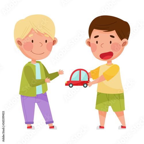Friendly Kids Playing Together and Sharing Toy Car Vector Illustration