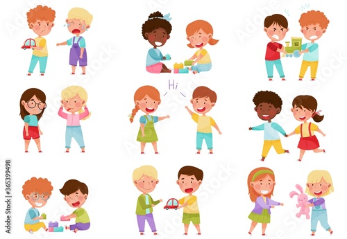 Friendly and Hostile Kids Playing Together Vector Illustrations Set