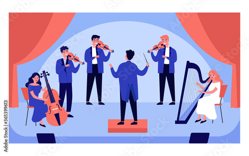 Classical music concert isolated flat vector illustration. Cartoon symphony orchestra, conductor and musicians with violins, cello and harp on stage. Opera, theater and entertainment concept