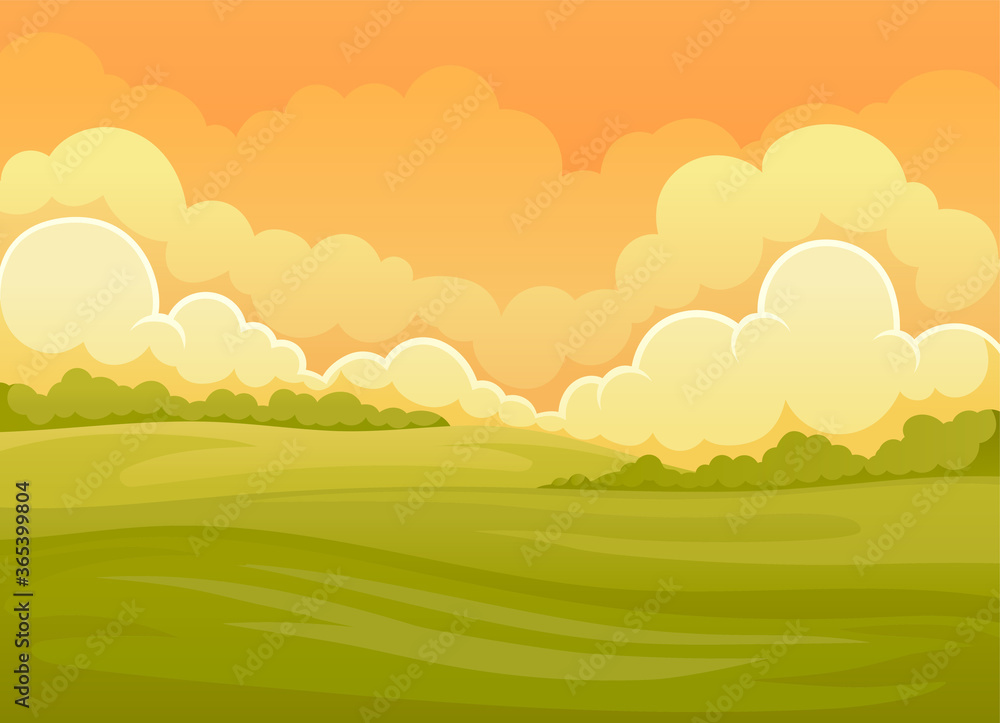 Picturesque Nature Landscape with Bright Day and Green Meadow View Vector Illustration