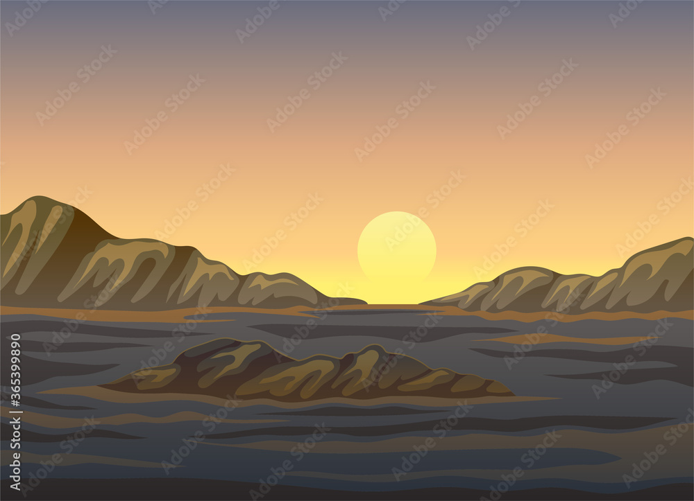 Horizontal Scenery with Sunset and Mountain Landscape Vector Illustration