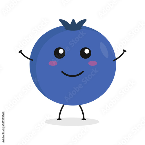 Cute flat cartoon blueberry illustration. Vector illustration of cute blueberry with a smiling expression.