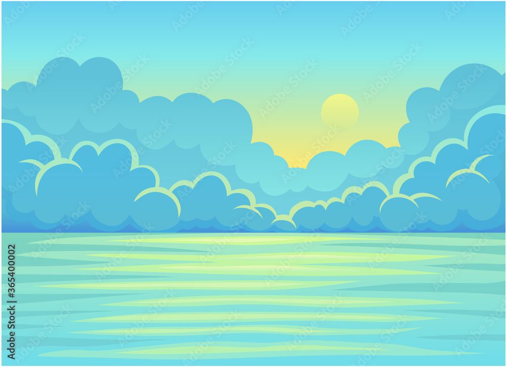 Picturesque Nature Landscape with Sunset or Sunrise and Water View Vector Illustration