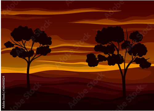 Picturesque Nature Landscape with Sunset, Hills and Tree View Vector Illustration