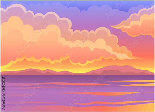 Picturesque Nature Landscape with Sunset and Water View Vector Illustration © Happypictures