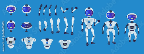 Robot parts set. Cute whole humanoid character, arms, legs, head with screen, torso collection. Can be used for electronic equipment, android machine concepts