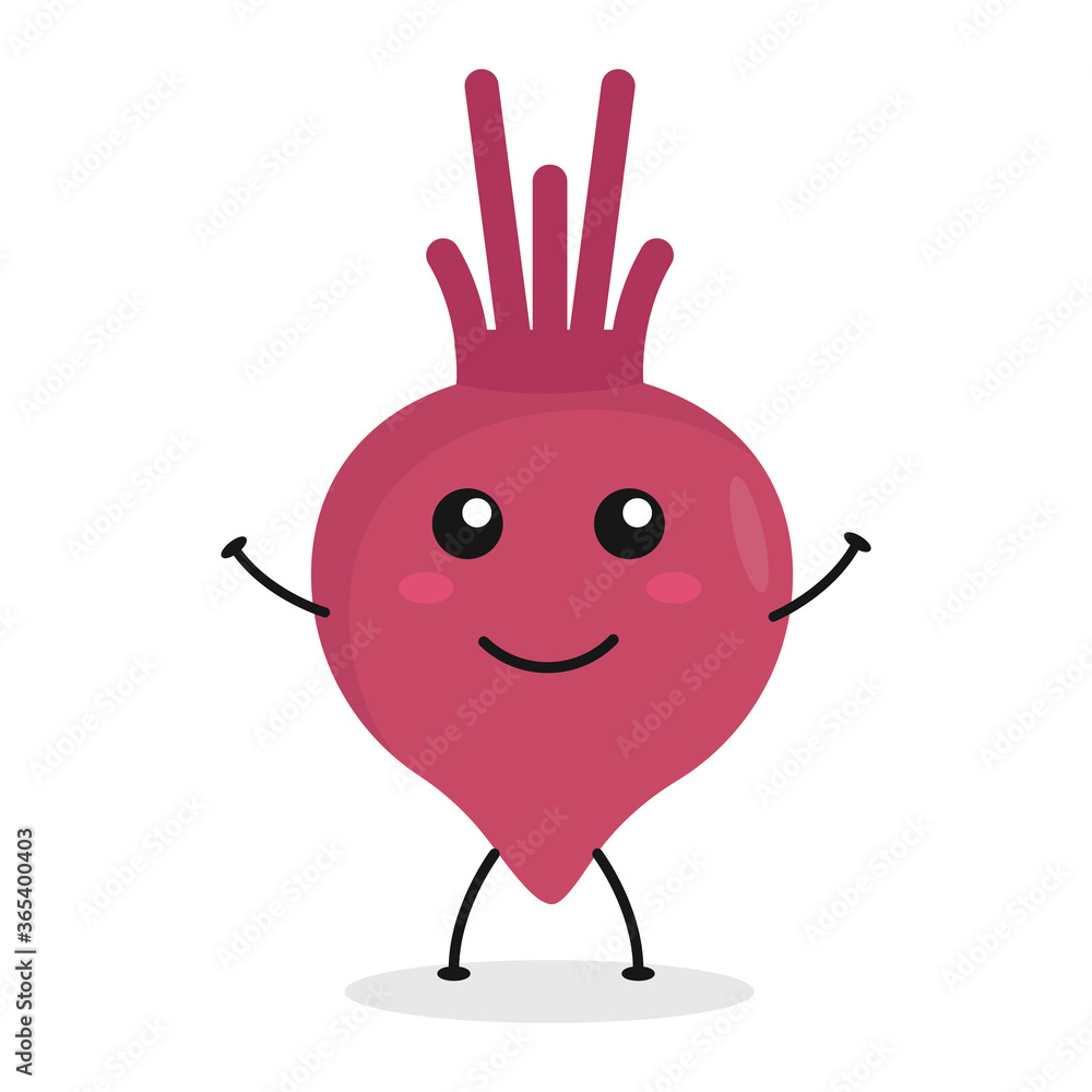 Fototapeta premium Cute flat cartoon beetroot illustration. Vector illustration of cute beetroot with a smiling expression. 