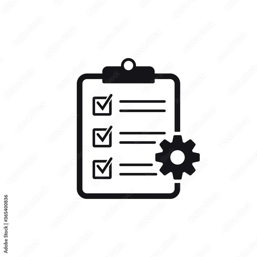 Clipboard with gear isolated icon. Technical support check list icon. Management flat icon concept. Software development. Clipboard with gear isolated icon. Technical support check list icon. Management flat icon concept. Software development.