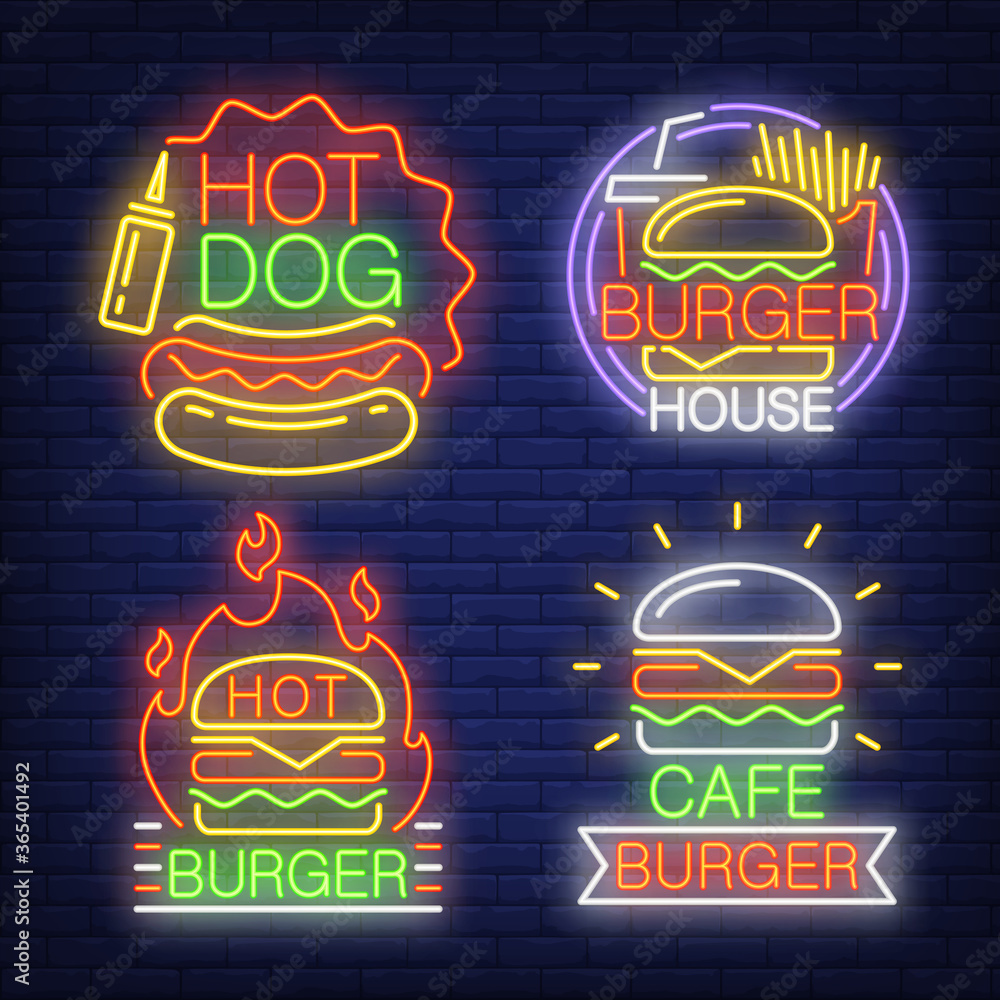 Burger cafe neon sign set. Hot burger in flame, French fries, hot dog