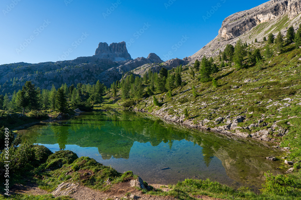 Panoramic view of idyllic summer landscape in the Alps with clear mountain lake and fresh green mountain pastures in the background