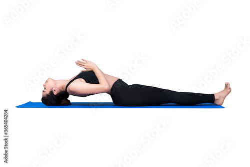 Asian woman practice yoga pose exercise at the yoga sport gym isolated on white background