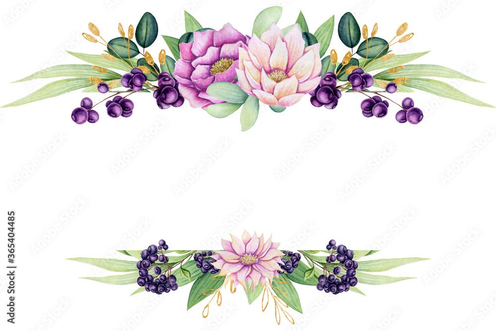 Floral Frame with Watercolor Flowers and Berries in Pastel Colors