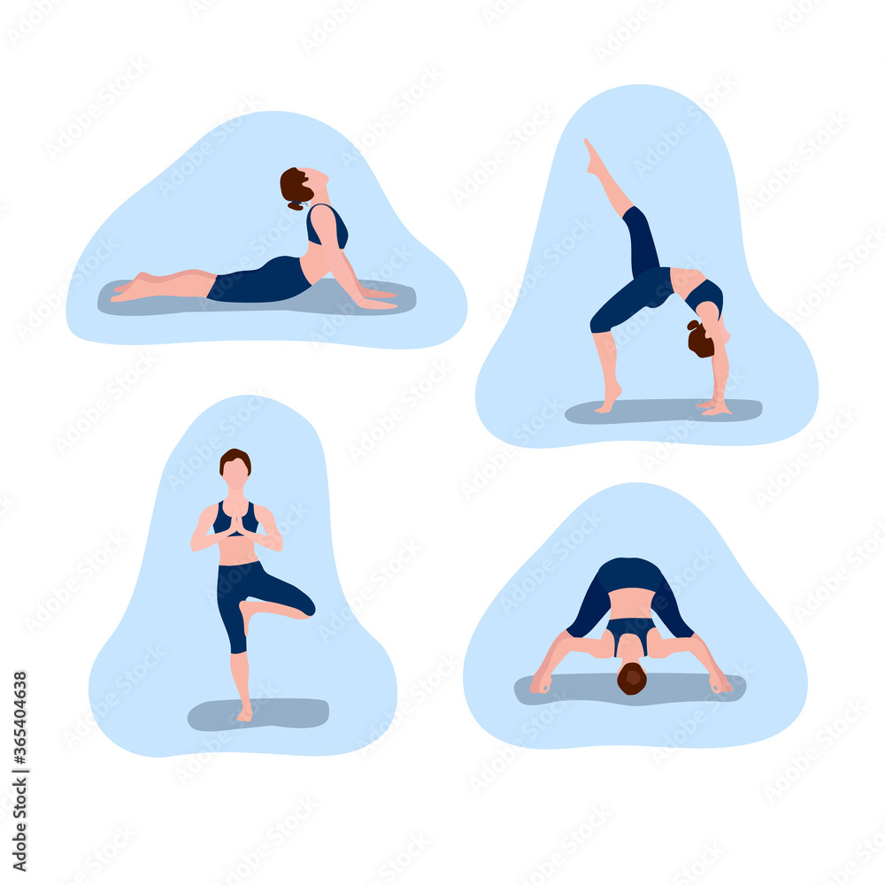 A set of vector illustrations depicting a girl who shows yoga poses. Design for the design of a booklet, flyer, poster. Design for website design, guide, flyers A set of vector illustrations depicting a girl who shows yoga poses. Design for the design of a booklet, flyer, poster. Design for website design, guide, flyers