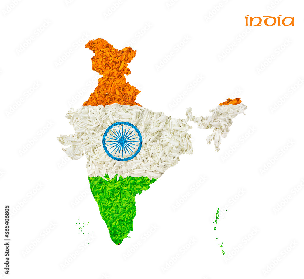 India map india flag created with natural flowers, india map decorated with  natural flowers, tri colour flag on white background Stock Photo | Adobe  Stock