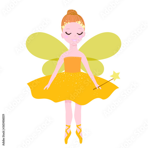 Little ballerina in yellow fairy costume on white background