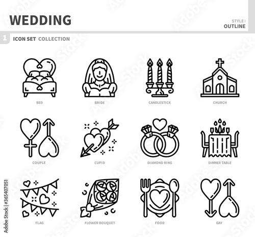 wedding and marriage icon set,outline style,vector and illustration
