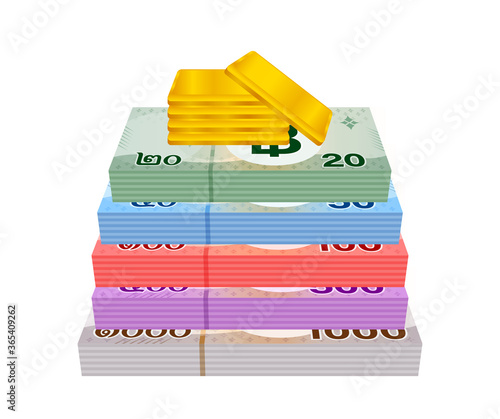 gold bars and stack thai money, gold bullion and banknote THB of thailand, financial business and savings concepts, thai baht money and gold bar isolated on white, bank note paper money bullion gold