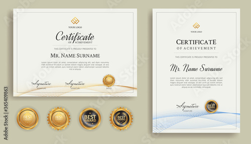Blue and gold diploma certificate with line art and badges A4 template. For award, business, and education