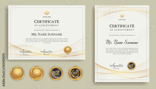Blue and gold diploma certificate with line art and badges A4 template. For award, business, and education photo